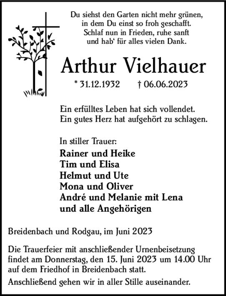  Traueranzeige für Arthur Vielhauer vom 12.06.2023 aus Hinterländer Anzeiger