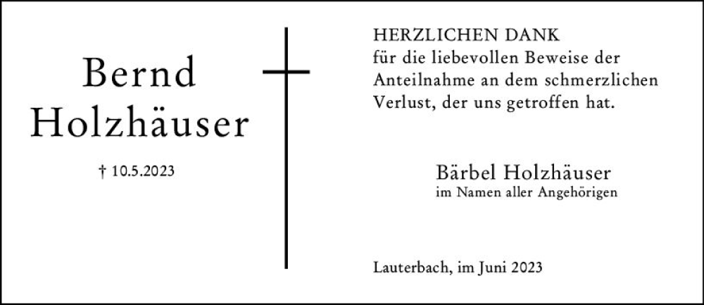  Traueranzeige für Bernd Holzhäuser vom 24.06.2023 aus Oberhessen Kurier