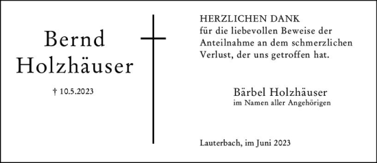 Traueranzeige von Bernd Holzhäuser von Oberhessen Kurier