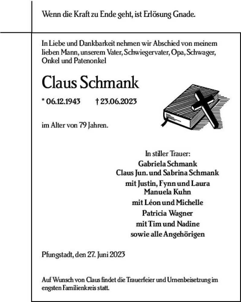  Traueranzeige für Claus Schmank vom 01.07.2023 aus Darmstädter Echo