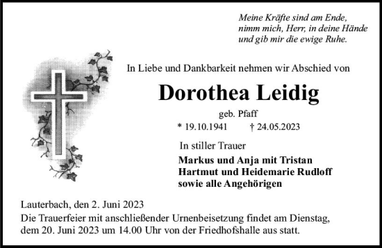 Traueranzeige von Dorothea Leidig von VRM Trauer