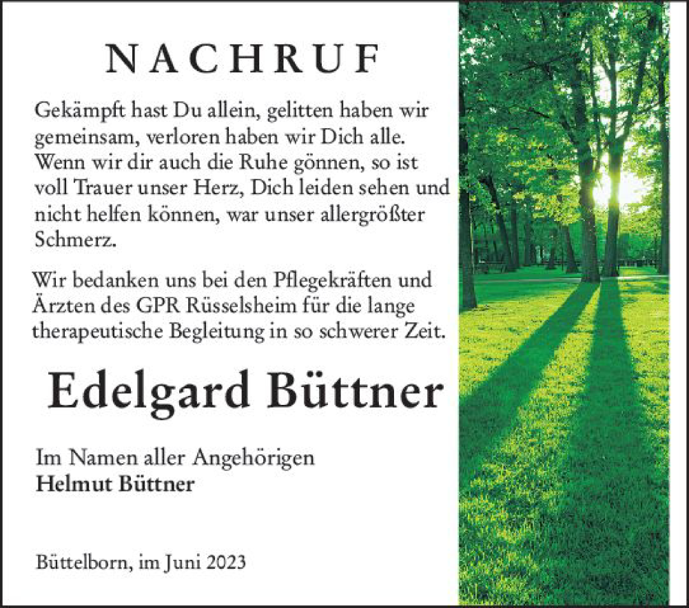  Traueranzeige für Edelgard Büttner vom 16.06.2023 aus Groß-Gerauer Echo
