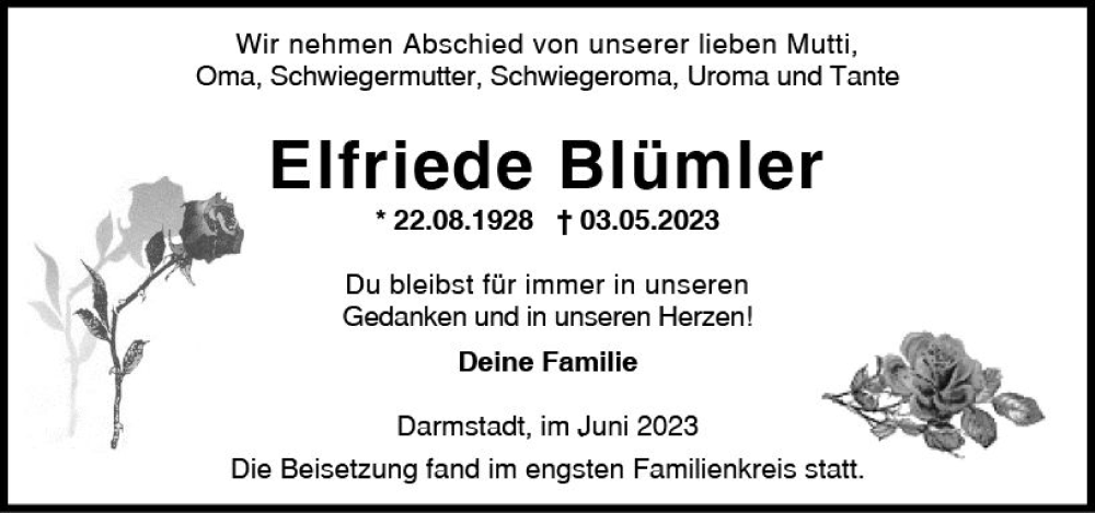  Traueranzeige für Elfriede Blümler vom 03.06.2023 aus Darmstädter Echo