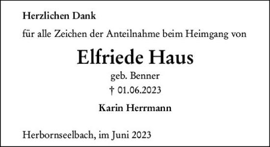 Traueranzeige von Elfriede Haus von Dill Block