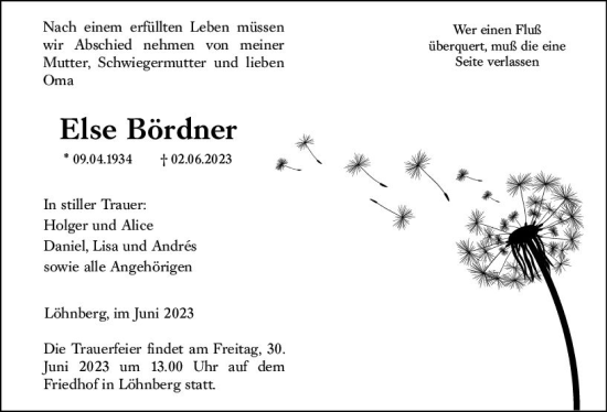 Traueranzeige von Else Bördner von Weilburger Tageblatt
