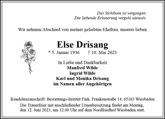Traueranzeige von Else Drisang von Wiesbadener Kurier