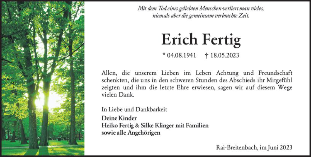 Traueranzeige für Erich Fertig vom 10.06.2023 aus Odenwälder Echo