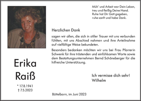 Traueranzeige von Erika Raiß von Groß-Gerauer Echo