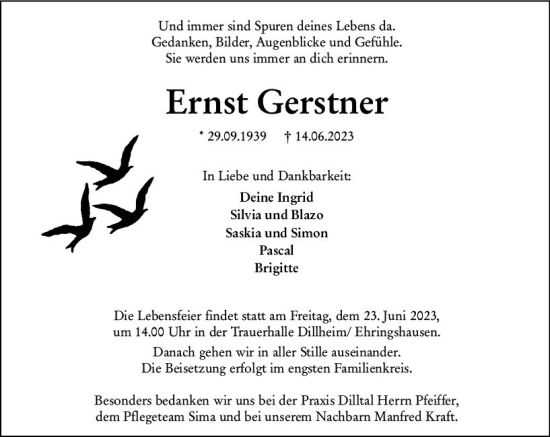 Traueranzeige von Ernst Gerstner von Wetzlarer Neue Zeitung