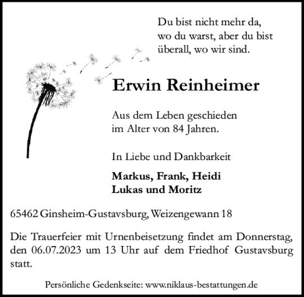  Traueranzeige für Erwin Reinheimer vom 01.07.2023 aus Allgemeine Zeitung Mainz