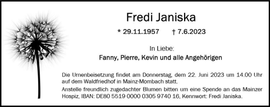 Traueranzeige von Fredi Janiska von Allgemeine Zeitung Mainz