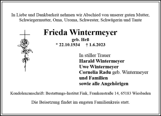 Traueranzeige von Frieda Wintermeyer von Wiesbadener Kurier