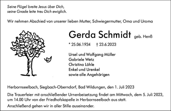 Traueranzeige von Gerda Schmidt von Dill Block