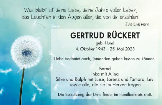 Traueranzeige von Gertrud Rückert von Darmstädter Echo