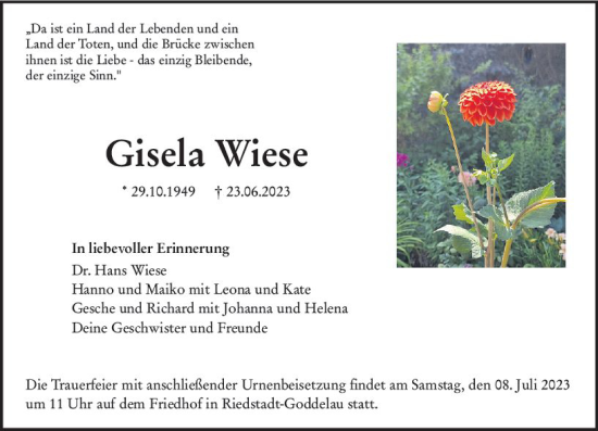 Traueranzeige von Gisela Wiese von Darmstädter Echo