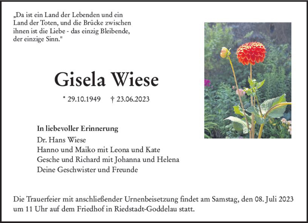  Traueranzeige für Gisela Wiese vom 01.07.2023 aus Darmstädter Echo