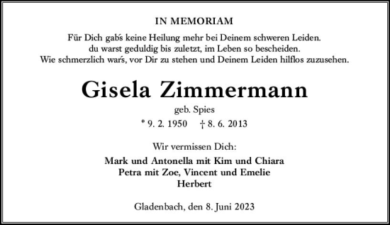 Traueranzeige von Gisela Zimmermann von Hinterländer Anzeiger