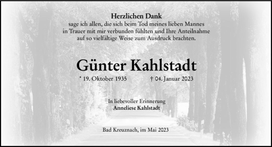 Traueranzeige von Günter Kahlstadt von Allgemeine Zeitung Bad Kreuznach