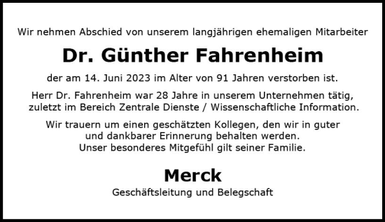 Traueranzeige von Günther Fahrenheim von Darmstädter Echo