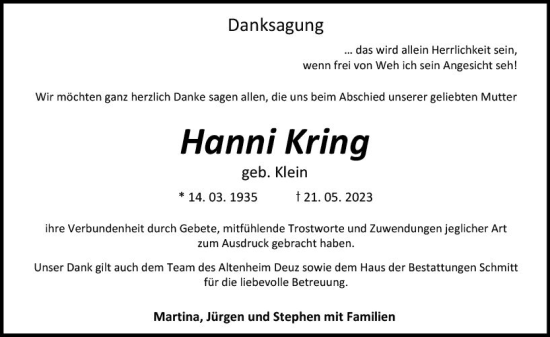 Traueranzeige von Hanni Kring von Dill Block