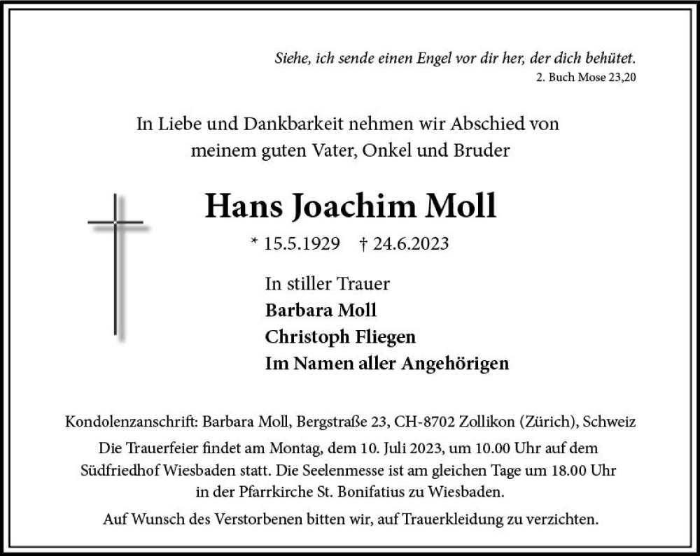  Traueranzeige für Hans Joachim Moll vom 01.07.2023 aus Wiesbadener Kurier