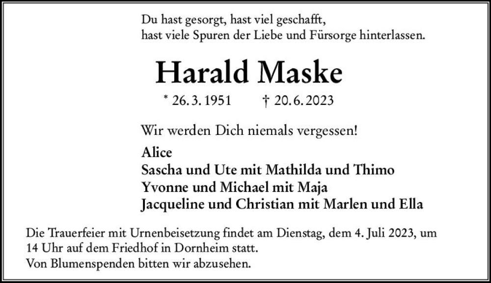  Traueranzeige für Harald Maske vom 01.07.2023 aus Groß-Gerauer Echo
