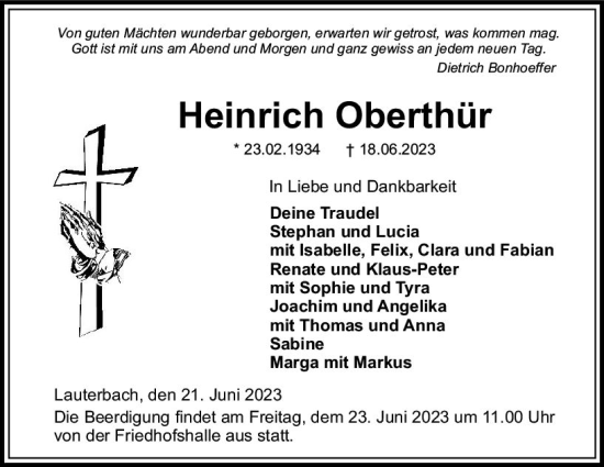 Traueranzeige von Heinrich Oberthür von VRM Trauer