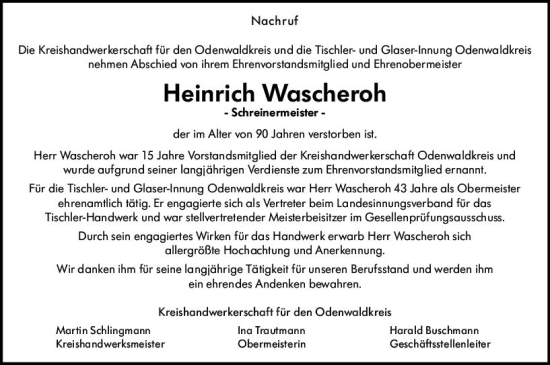 Traueranzeige von Heinrich Wascheroh von Odenwälder Echo