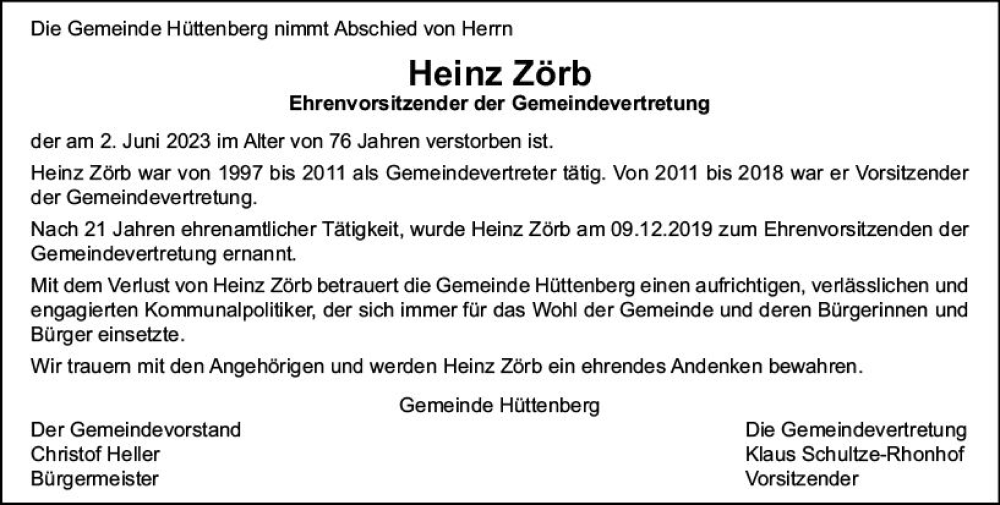  Traueranzeige für Heinz Zörb vom 13.06.2023 aus Wetzlarer Neue Zeitung