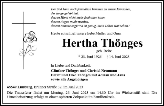 Traueranzeige von Hertha Thönges von Nassauische Neue Presse