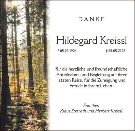 Traueranzeige von Hildegard Kreissl von Darmstädter Echo