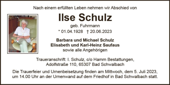 Traueranzeige von Ilse Schulz von Wiesbadener Kurier