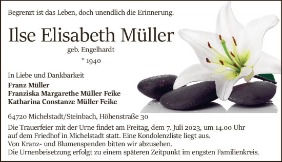 Traueranzeige von Ilse Elisabeth Müller von Odenwälder Echo