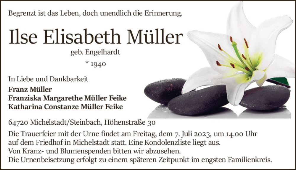  Traueranzeige für Ilse Elisabeth Müller vom 01.07.2023 aus Odenwälder Echo