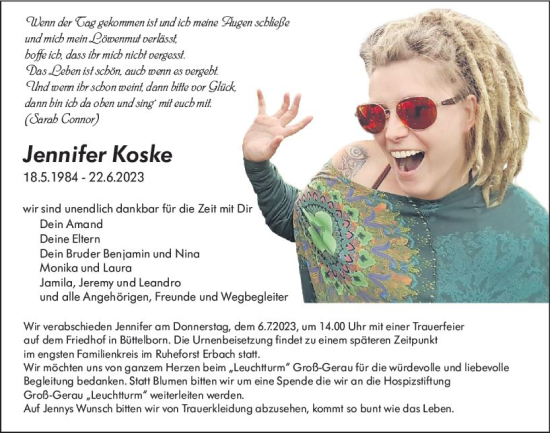 Traueranzeige von Jennifer Koske von Groß-Gerauer Echo