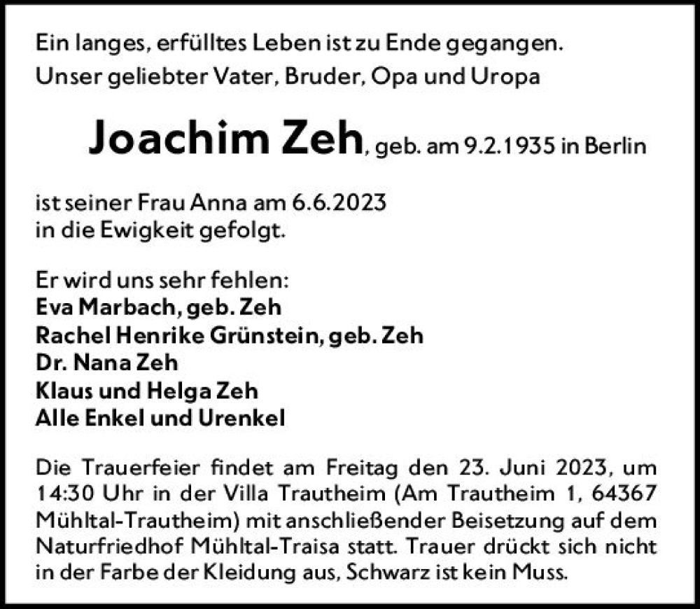  Traueranzeige für Joachim Zeh vom 17.06.2023 aus Darmstädter Echo