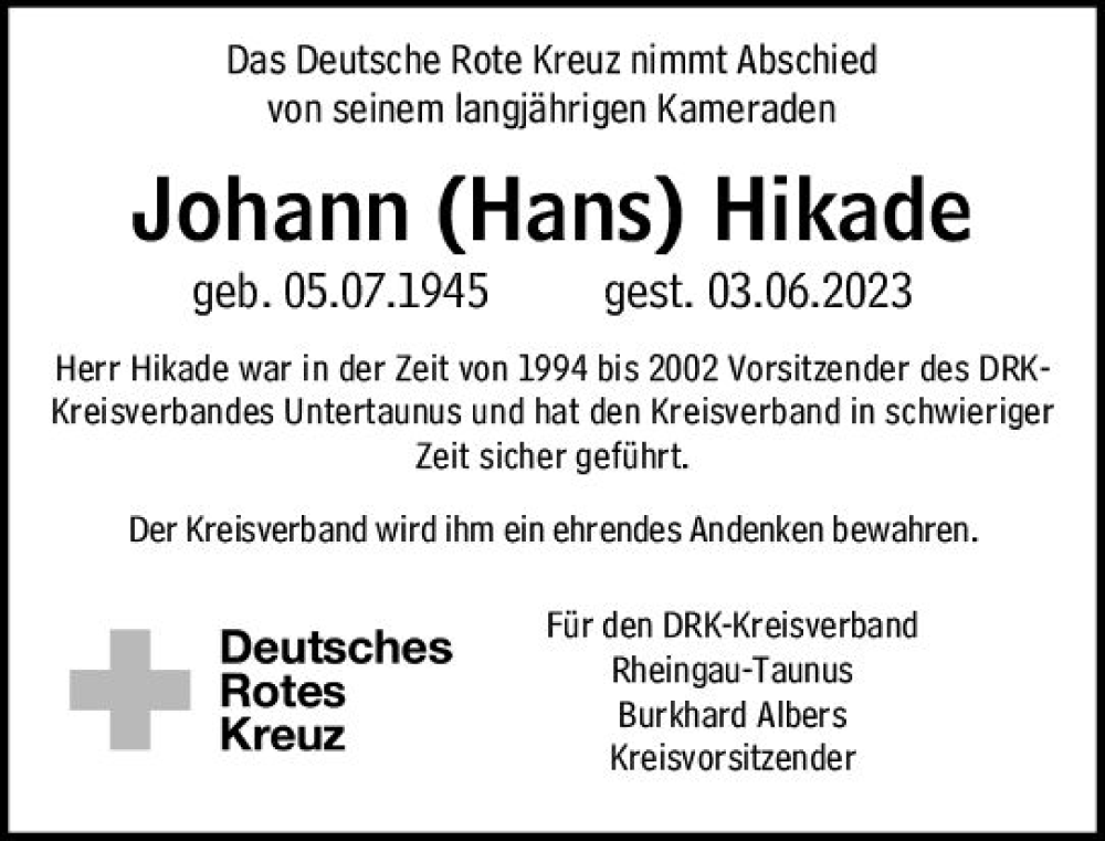  Traueranzeige für Johann Hikade vom 15.06.2023 aus Idsteiner Land/Untertaunus