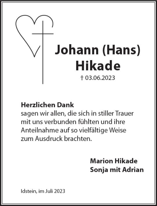 Traueranzeige von Johann Hikade von Wiesbadener Kurier