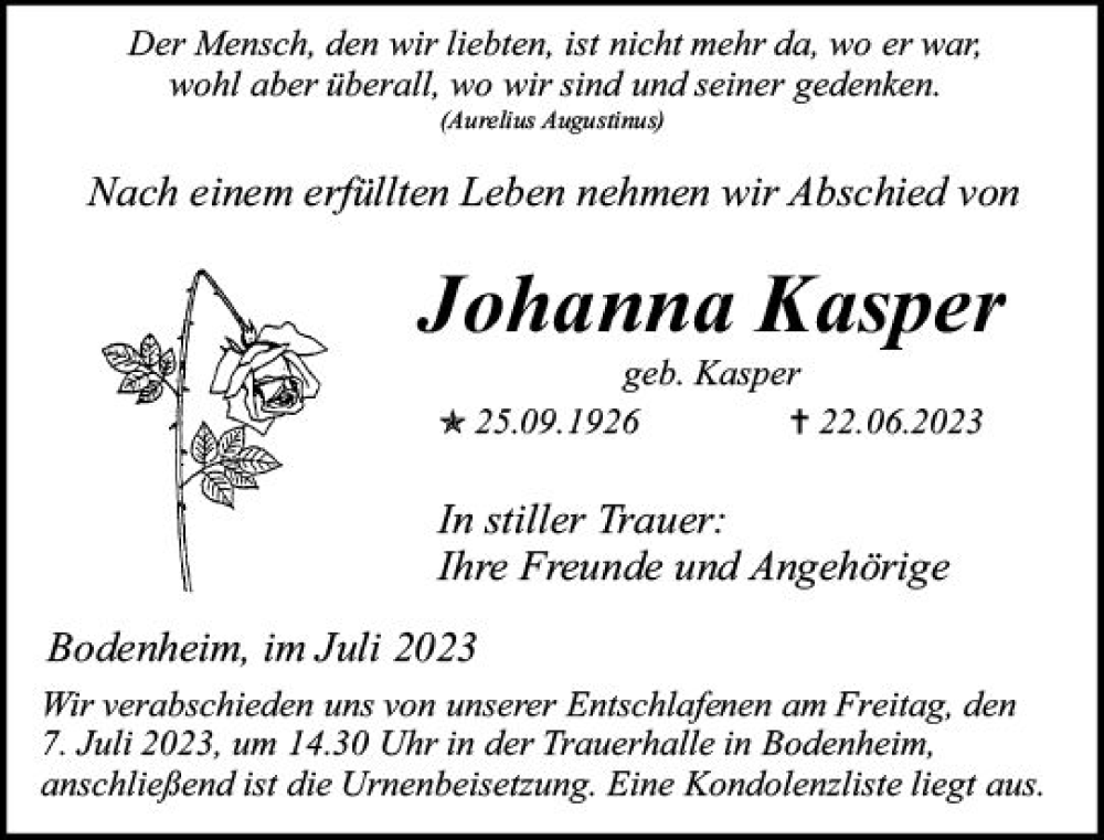  Traueranzeige für Johanna Kasper vom 01.07.2023 aus Allgemeine Zeitung Mainz