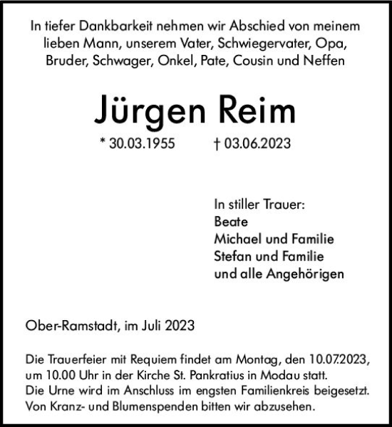 Traueranzeige von Jürgen Reim von Darmstädter Echo