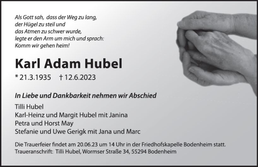  Traueranzeige für Karl Adam Hubel vom 17.06.2023 aus Allgemeine Zeitung Mainz