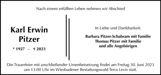 Traueranzeige von Karl Erwin Pitzer von Wiesbadener Kurier