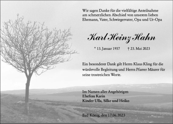 Traueranzeige von Karl Heiz Hahn von Odenwälder Echo