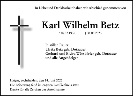 Traueranzeige von Karl Wilhelm Betz von Dill Block