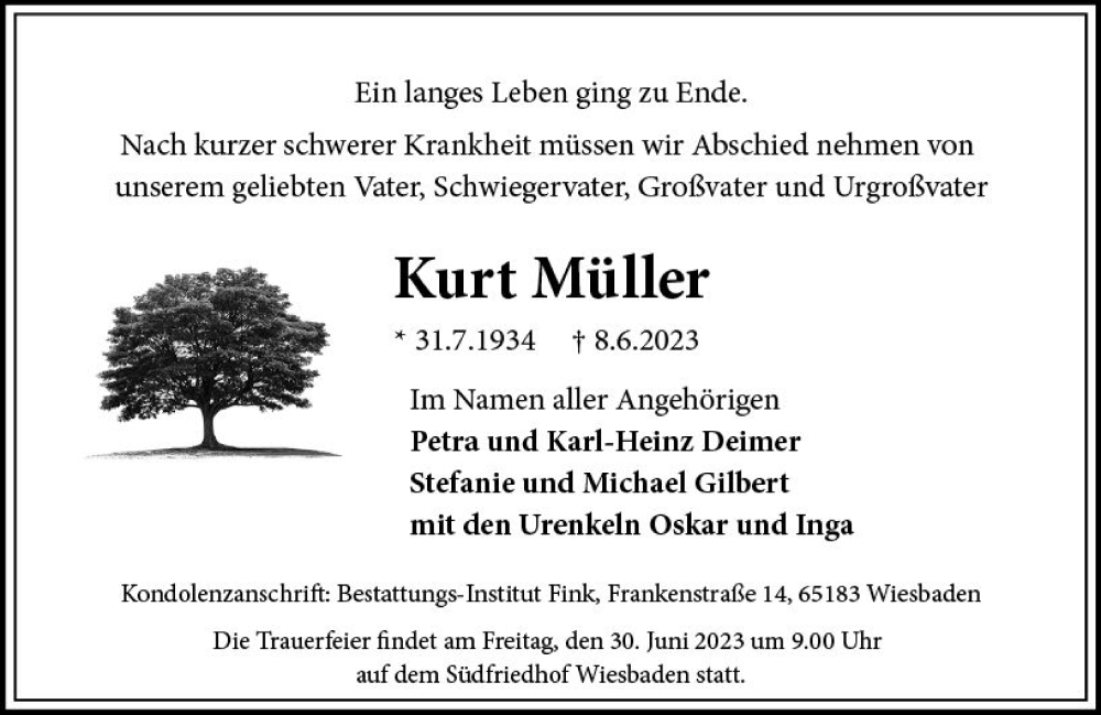  Traueranzeige für Kurt Müller vom 24.06.2023 aus Wiesbadener Kurier