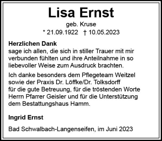 Traueranzeige von Lisa Ernst von Idsteiner Land/Untertaunus