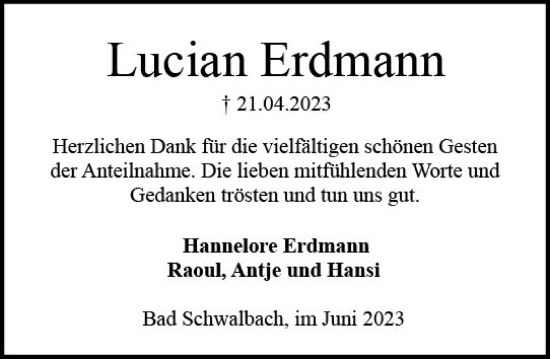 Traueranzeige von Lucian Erdmann von Wiesbadener Kurier