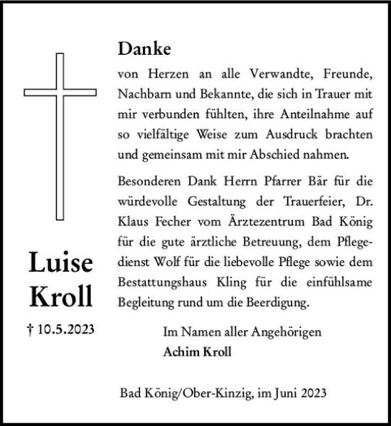 Traueranzeige von Luise Kroll von Odenwälder Echo