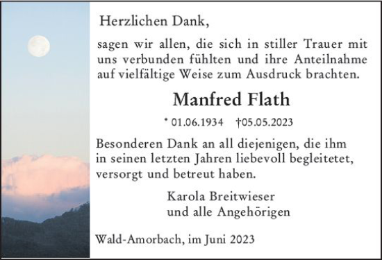 Traueranzeige von Manfred Flath von Odenwälder Echo