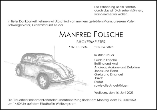 Traueranzeige von Manfred Folsche von Weilburger Tageblatt